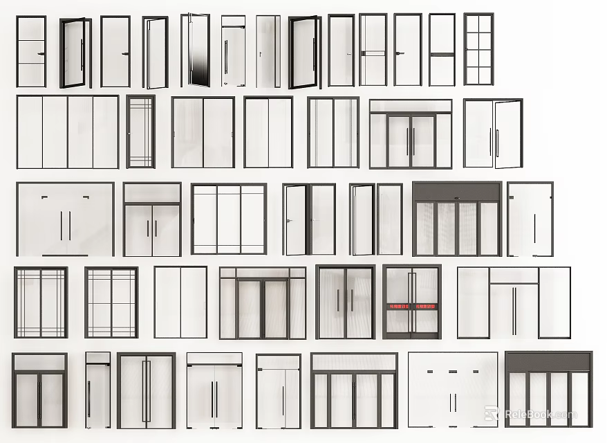 Various Double Doors Designs With Glass Panels And Different Frame Styles 3d model