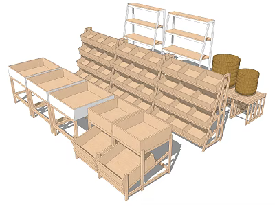 Wooden Multi tiered Retail Display Shelves With Open Design And Storage Baskets 3d model