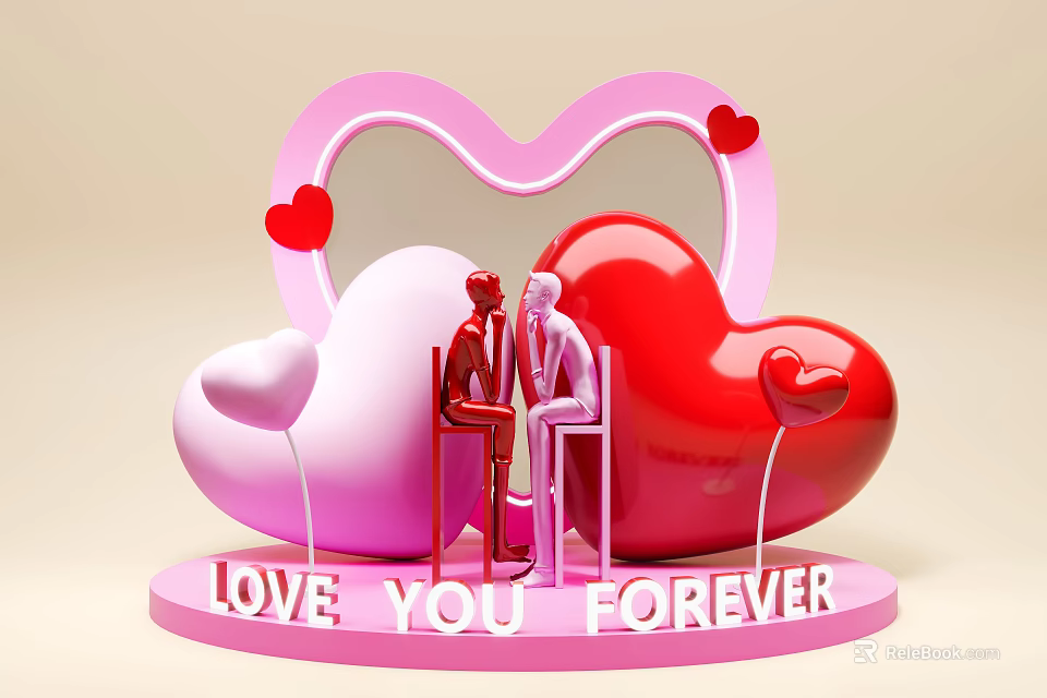 Romantic Photo Spot With Heart Shaped Frame Couple Figures And Love You Forever Lettering 3d model 