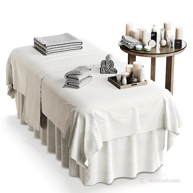 Comfortable Massage Bed With White Linen Stacked Towels And Side Table With Candles 3d model 