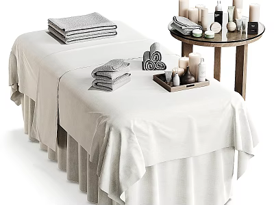Comfortable Massage Bed With White Linen Stacked Towels And Side Table With Candles 3d model