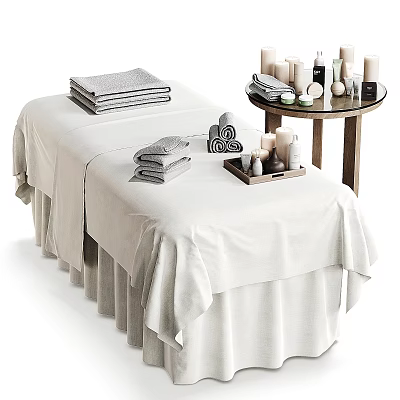 Comfortable Massage Bed With White Linen Stacked Towels And Side Table With Candles 3d model
