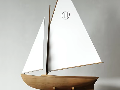 Decorative Ornament Set Featuring Wooden Sailboat Model With White Sails And Emblem 3d model