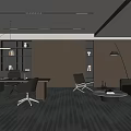 Modern Office Interior Design With Wooden Desk Sofa Bookshelves Striped Carpet And Lighting