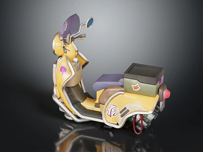 Stylish Yellow Motorcycle Scooter With Purple Seat Storage Box And Modern Design Features 3d model