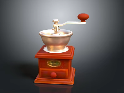 Vintage Manual Coffee Grinder With Wooden Base Metal Grinding Bowl Red Handle And Knob 3d model