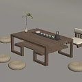 Wooden Tea Table and Chairs with Tea Set and Floor Cushions in Simple Natural Style