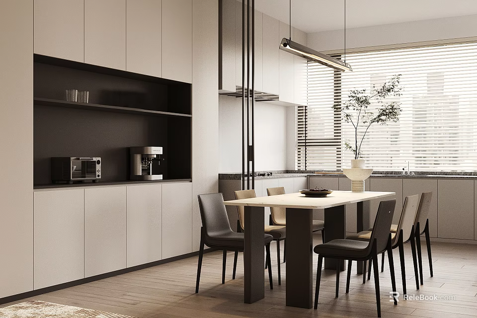 Modern Restaurant Open Kitchen Interior With Cabinets Dining Table Chairs And Appliances 3d model 