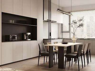 Modern Restaurant Open Kitchen Interior With Cabinets Dining Table Chairs And Appliances 3d model