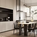 Modern Restaurant Open Kitchen Interior With Cabinets Dining Table Chairs And Appliances