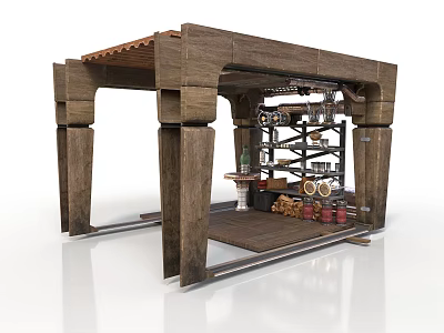 Wooden Pavilion Structure With Tile Roof Wooden Pillars Shelves Barrels And Metal Rails 3d model