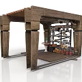 Wooden Pavilion Structure With Tile Roof Wooden Pillars Shelves Barrels And Metal Rails