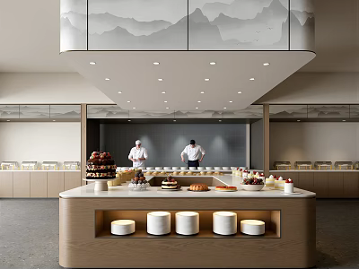 Modern Food Service Counter with Chefs Dessert Display and Mountain Pattern Decor 3d model