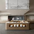 Modern Food Service Counter with Chefs Dessert Display and Mountain Pattern Decor
