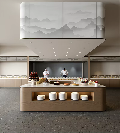 Modern Food Service Counter with Chefs Dessert Display and Mountain Pattern Decor 3d model
