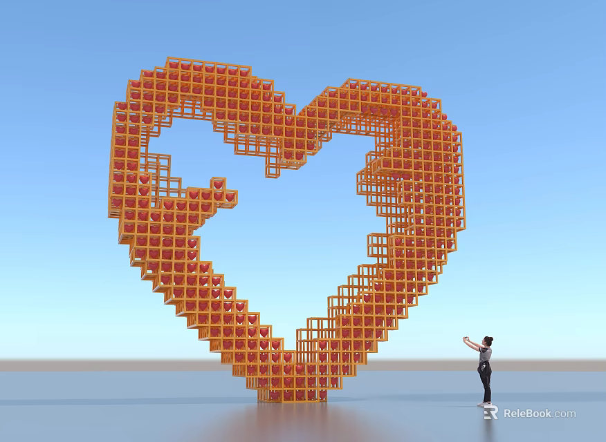 Giant Orange Heart Shaped Sculpture Constructed With Blocks And Person Standing Nearby 3d model 