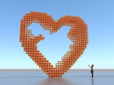 Giant Orange Heart Shaped Sculpture Constructed With Blocks And Person Standing Nearby 3d model