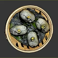 Delicious Steamed Buns with Yellow Topping Served in Bamboo Steamer on Green Leaves