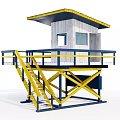 Lifeguard Station White Structure With Yellow Blue Railings And Stairs Roof And Surfers Sign