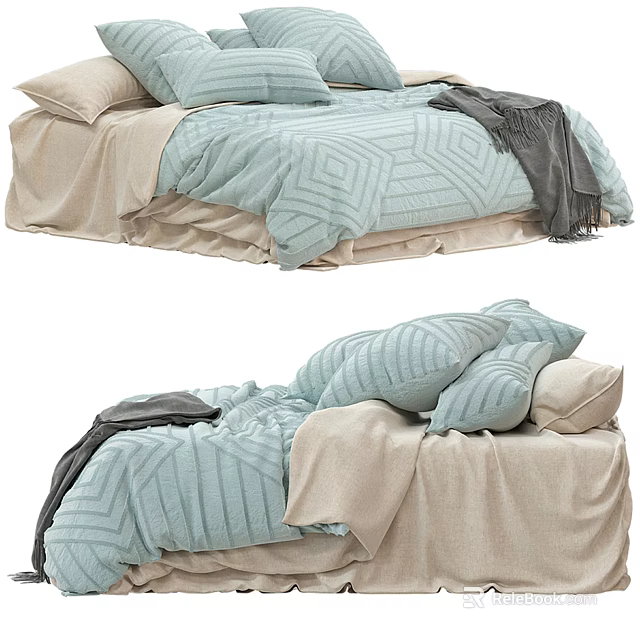 Stylish Double Bed Bedding With Light Blue Geometric Quilt Beige Sheets And Gray Blanket 3d model 