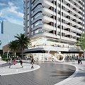 Modern Commercial Landscape With Tall Building Plaza Greenery Palm Trees Pathways And Pedestrians