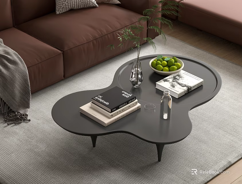 Modern Unique Shaped Black Coffee Table With Books Green Fruit Bowl Glass Vase And Plant 3d model 