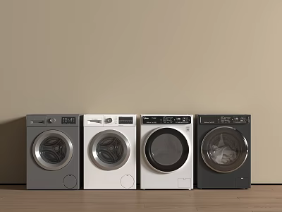 Four Modern Front Load Washing Machines in Gray and White Side by Side 3d model