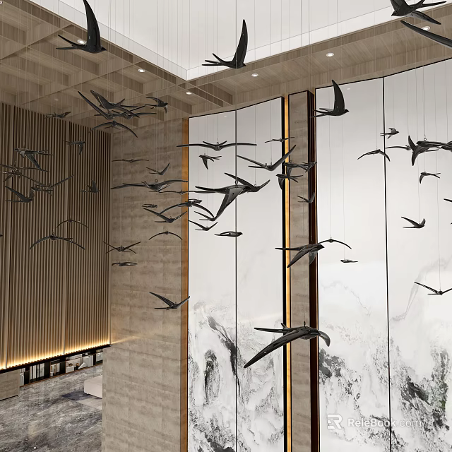 Bird Shaped Hanging Decorations in Modern Lobby With Wooden Panels And Ink Painting Walls 3d model 