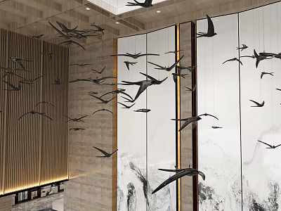 Bird Shaped Hanging Decorations in Modern Lobby With Wooden Panels And Ink Painting Walls 3d model