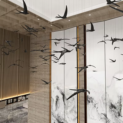 Bird Shaped Hanging Decorations in Modern Lobby With Wooden Panels And Ink Painting Walls 3d model