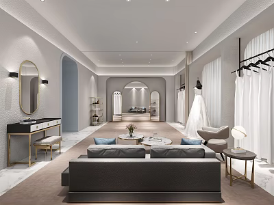 Elegant Modern Bridal Shop Interior With Wedding Dress Display Sofa Mirror And Dressing Table 3d model