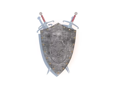 Ancient Medieval Swords Crossed Behind Ornate Metallic Shield With Decorative Design 3d model