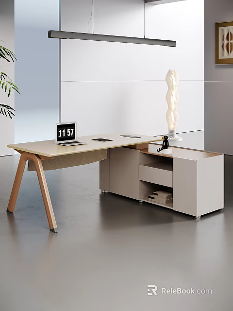Modern Minimalist Office Desk With Laptop Mouse Pad Storage Cabinet And Potted Plant 3d model 
