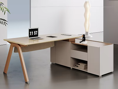 Modern Minimalist Office Desk With Laptop Mouse Pad Storage Cabinet And Potted Plant 3d model