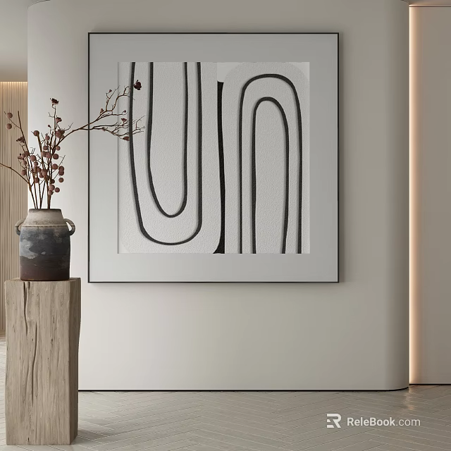 Black White Line Landscape Painting On Light Wall With Ceramic Vase Dried Flowers Wooden Base 3d model 