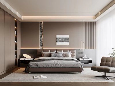 Modern Minimalist Bedroom with Neutral Tones Bed Floor to Ceiling Wardrobe and Wall Art 3d model