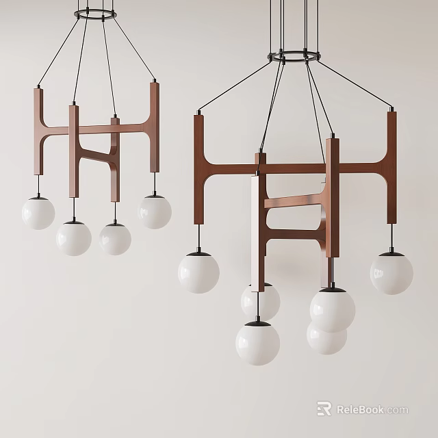 Modern Wooden Frame Chandelier With White Spherical Bulbs And Geometric Design 3d model 