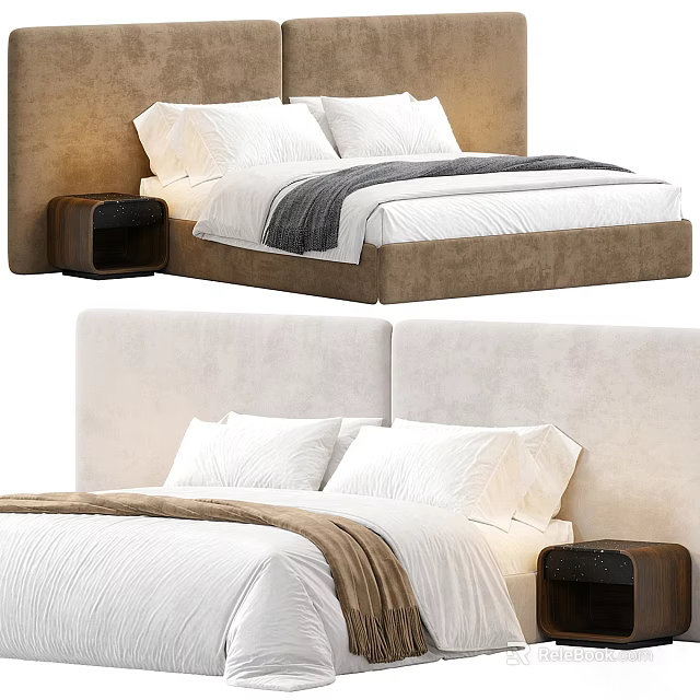 Modern Double Bed Design With Upholstered Headboard Nightstand And Soft Bed Linens 3d model 