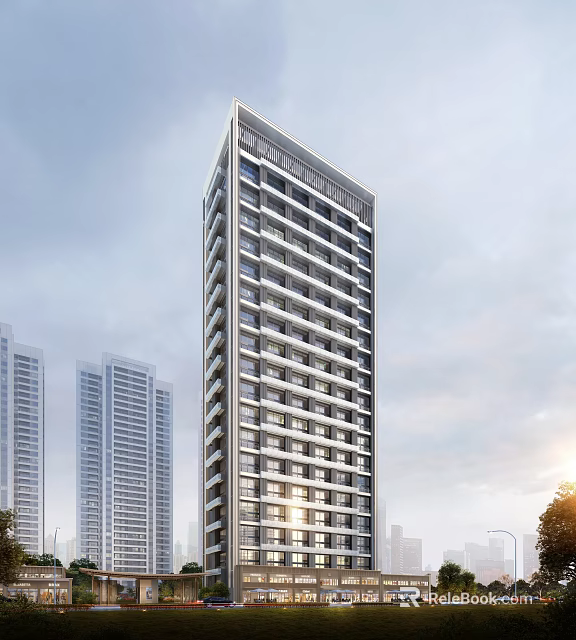Modern High rise Residential Building With Glass Facade And Surrounding Skyscrapers In Urban Area 3d model 