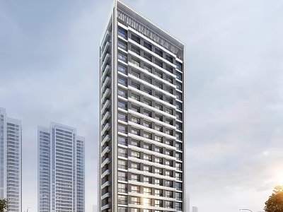 Modern High rise Residential Building With Glass Facade And Surrounding Skyscrapers In Urban Area 3d model