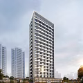 Modern High rise Residential Building With Glass Facade And Surrounding Skyscrapers In Urban Area