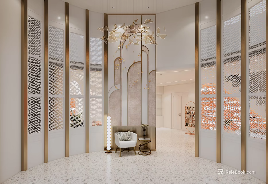 Elegant Hair and Beauty Salon Interior With Luxury Chandelier Seating And Decorative Screens 3d model 