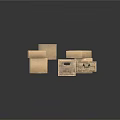 Stacked Cardboard Boxes and Open Wooden Crate for Household Storage Daily Organization