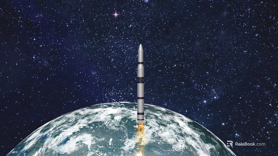 Powerful Rocket Launch From Earth Into Starry Night Sky With Bright Flames 3d model 