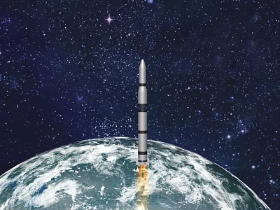 Powerful Rocket Launch From Earth Into Starry Night Sky With Bright Flames 3d model
