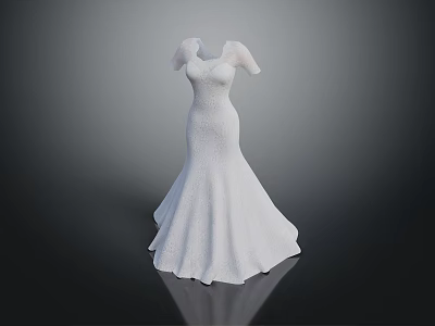 White Elegant Wedding Dress With Cap Sleeves And Fitted Mermaid Skirt Design 3d model