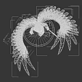 Fantasy Character And Winged Creature With Silver Feather Wings White Long Hair And Metal Decorations