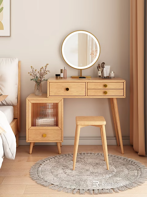 Wooden Dressing Table With Round Mirror Drawers Matching Stool Cosmetics And Vase With Flowers 3d model 