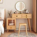 Wooden Dressing Table With Round Mirror Drawers Matching Stool Cosmetics And Vase With Flowers