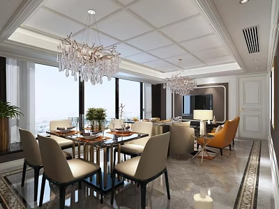 Elegant Modern Restaurant Interior With Chandeliers Dining Table Chairs Large Windows And Plants 3d model